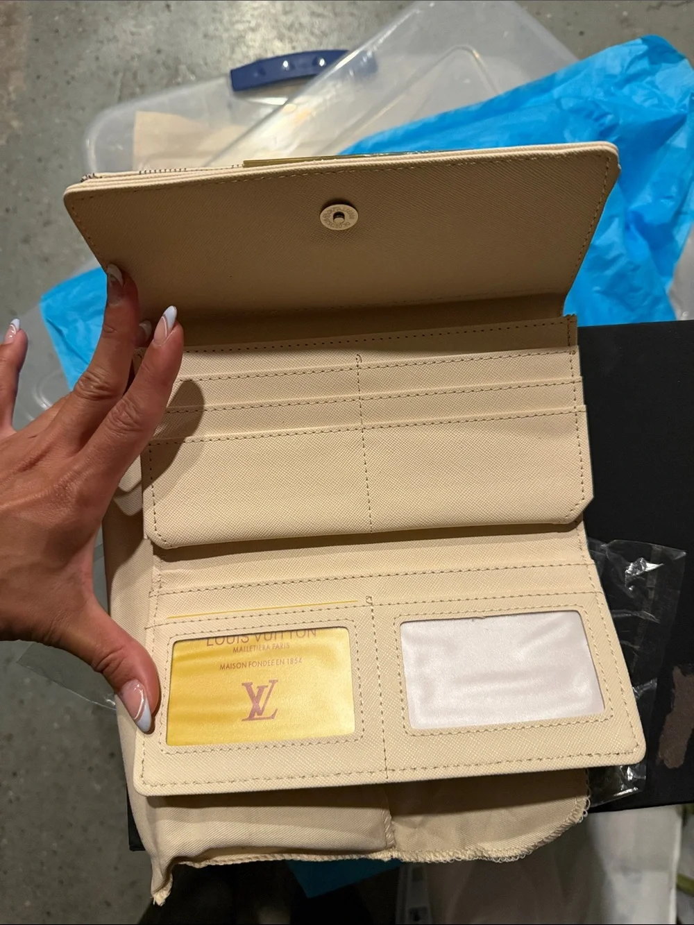 Check Canvas Fold Wallet in Beige with Light Blue Accent